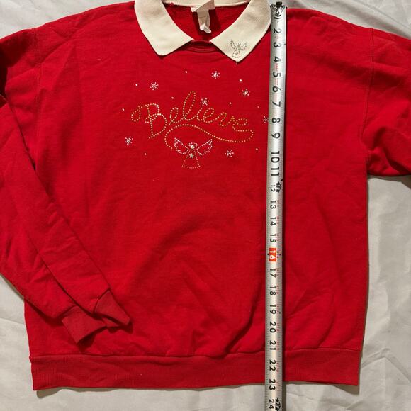 Vintage Cactus Bay Red/White Jeweled Christmas "Believe" Collared Sweatshirt- M - Picture 6 of 8
